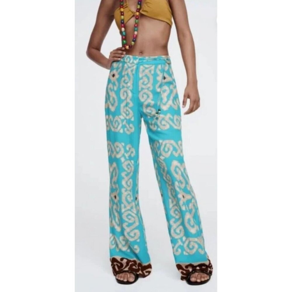Zara Women's Wide Leg Palazzo Pants Teal/Tan/Brown Size Medium NWT [jb]